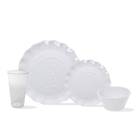 Stephan Roberts 16-Pc Melamine Plates Dinnerware Set with Bowls & Cups, Scalloped White