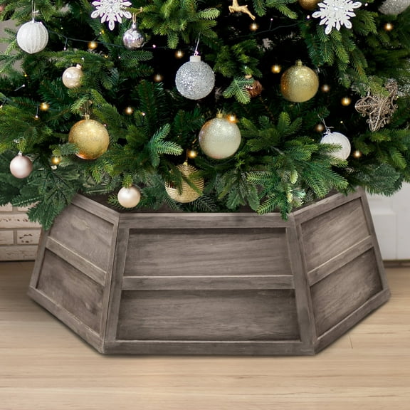 Stephan Roberts 31.5 in 2 Panel Wooden Christmas Tree Collar Hexagon, Distressed Gray