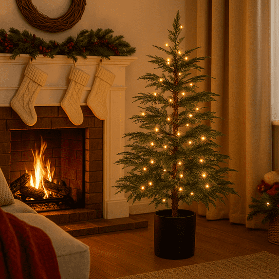 Stephan Roberts Pre-Lit 3 ft Artificial Christmas Tree with 90 Warm White LED Lights, Realistic PE Branch Tips, and Decorative Resin Pot Base – Battery Operated