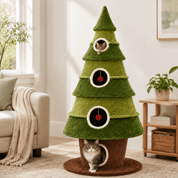 Stephan Roberts 67" H Blue Spruce Cat Christmas Tree with 3 Condos and Tree Skirt, Holiday Cat Tower for Indoor Cats