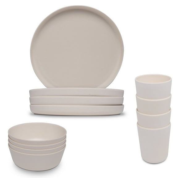 Stephan Roberts Bamboo Dinnerware Set Unbreakable Microwave Safe Plates, Bowls, and Cups Set of 12, White