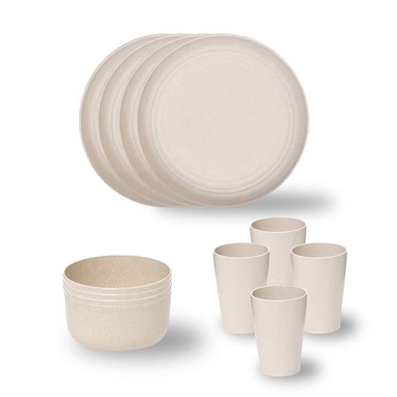 Stephan Roberts Wheat Straw Dinnerware Set Unbreakable Microwave Safe Plates, Bowls, and Cups Set of 12 Cream