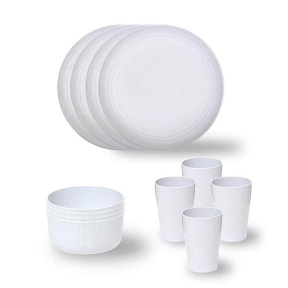 Stephan Roberts Wheat Straw Dinnerware Set Unbreakable Microwave Safe Plates, Bowls, and Cups Set of 12, White