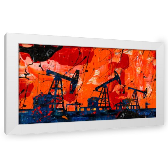 Stephen Chambers 14x10 White Modern Wood Framed Wall Art Titled - Pump Jack Landscape
