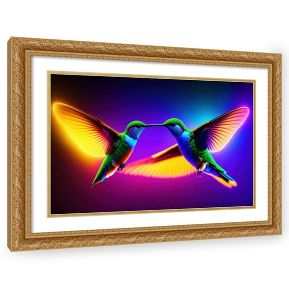 Stephen Chambers 14x11 Gold Ornate Wood Framed With Double Matting Wall Art Titled - Unreal Neon Hummingbirds Two