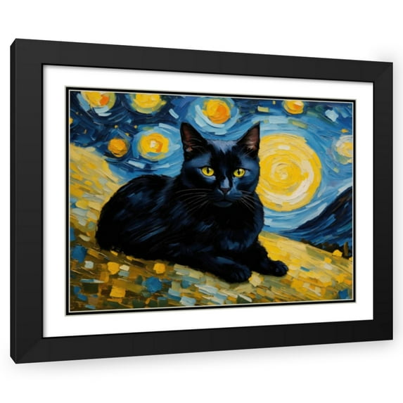 Stephen Chambers 14x12 Black Ornate Wood Framed With Double Matting Wall Art Titled - Black Cat 1