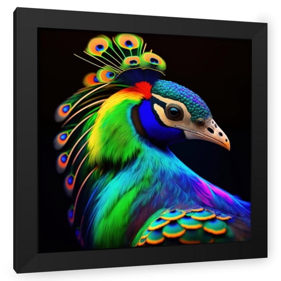 Stephen Chambers 15x15 Black Modern Wood Framed Wall Art Titled - Unreal Neon Peacock