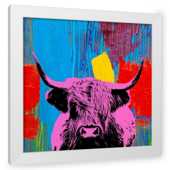 Stephen Chambers 26x26 White Modern Wood Framed Wall Art Titled - Highland Cow 1