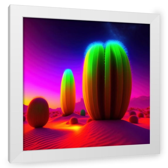 Stephen Chambers 26x26 White Modern Wood Framed Wall Art Titled - Unreal Neon Cactus
