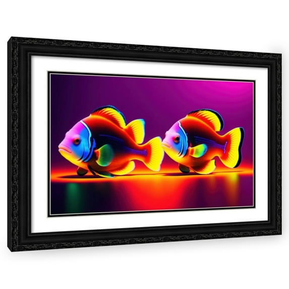 Stephen Chambers 32x23 Black Ornate Wood Framed With Double Matting Wall Art Titled - Unreal Neon Two Clownfish
