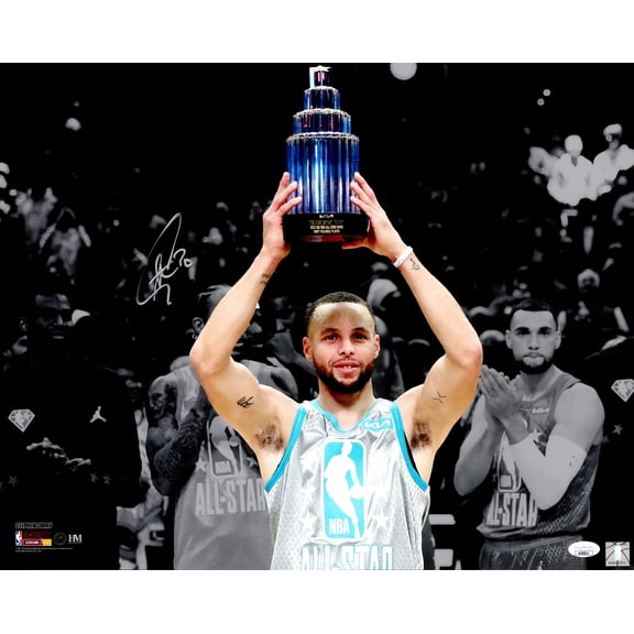 Stephen Curry Autographed 16x20 Photo Golden State Warriors All Star Game MVP Trophy JSA Stock #235687