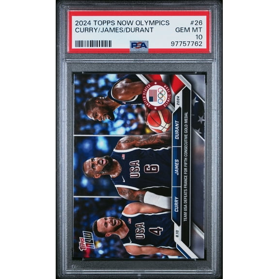 Stephen Curry LeBron James Kevin Durant 2024 Topps Now Olympics USA Gold Medal Basketball Card #26 Graded PSA 10