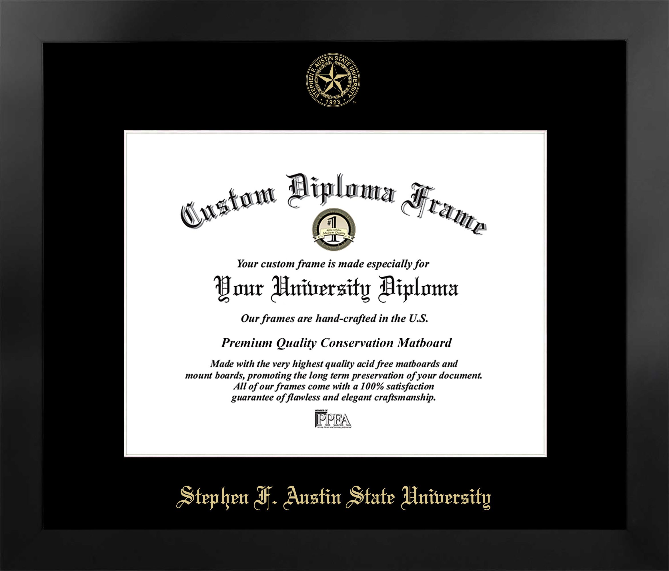 Stephen F Austin 14w x 11h Manhattan Black Single Mat Gold Embossed Diploma Frame with Bonus Campus Images Lithograph (value savings at $59)