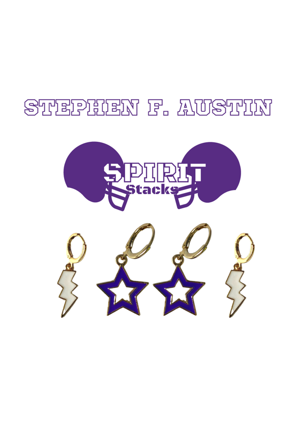 Stephen F. Austin State University Spirit Stack white mini enamel bolts and purple statement open starboys