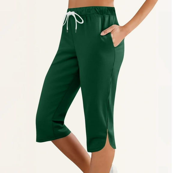 Stephy Capri Pants for Women High Waist with Pockets Tummy Capri Workout Yoga Pants Leggings Straight Leg, Green, M