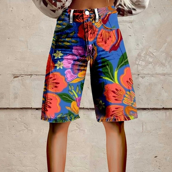 Stephy Flare Denim Shorts for Women Wide Leg Denim Shorts Woman Vintage Floral Print High Waisted Straight Stretch Pants with Pockets, Black, 5XL