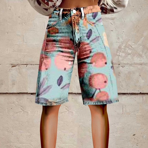 Stephy Flare Denim Shorts for Women Wide Leg Denim Shorts Woman Vintage Floral Print High Waisted Straight Stretch Pants with Pockets, Black, 5XL