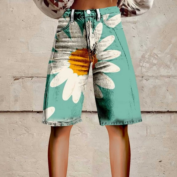 Stephy Flare Denim Shorts for Women Wide Leg Denim Shorts Woman Vintage Floral Print High Waisted Straight Stretch Pants with Pockets, Black, L