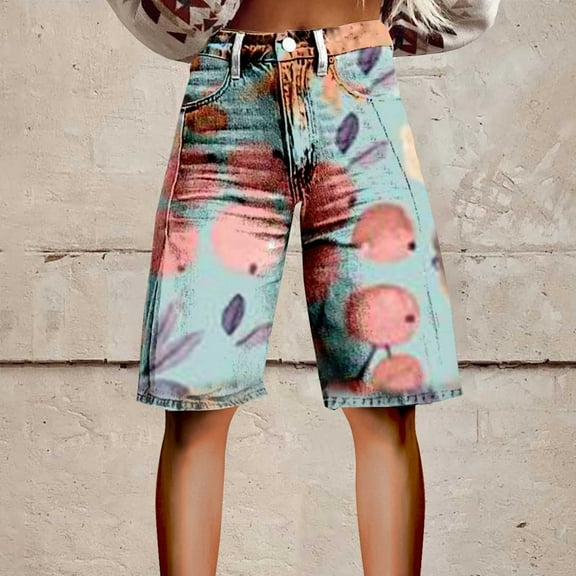 Stephy Flare Denim Shorts for Women Wide Leg Denim Shorts Woman Vintage Floral Print High Waisted Straight Stretch Pants with Pockets, Black, L