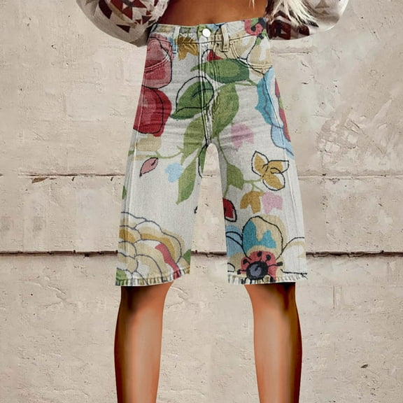 Stephy Flare Denim Shorts for Women Wide Leg Denim Shorts Woman Vintage Floral Print High Waisted Straight Stretch Pants with Pockets, Black, S