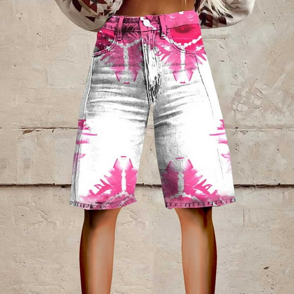 Stephy Flare Denim Shorts for Women Wide Leg Denim Shorts Woman Vintage Floral Print High Waisted Straight Stretch Pants with Pockets, Black, XL