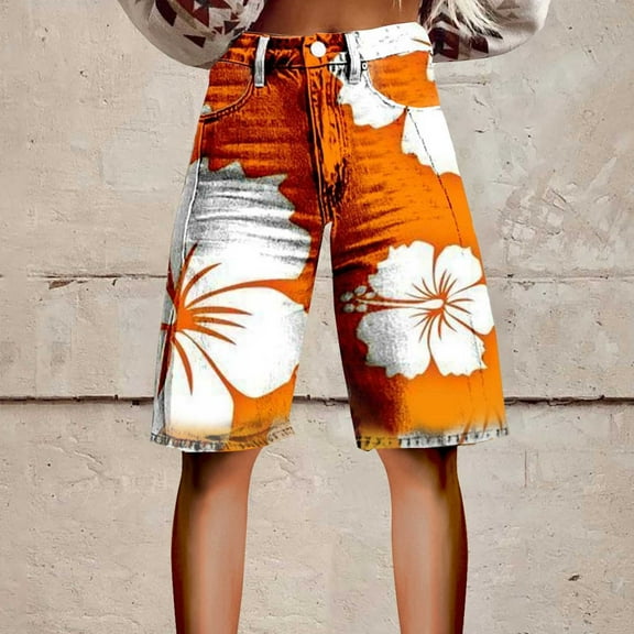 Stephy Flare Denim Shorts for Women Wide Leg Denim Shorts Woman Vintage Floral Print High Waisted Straight Stretch Pants with Pockets, Gold, L