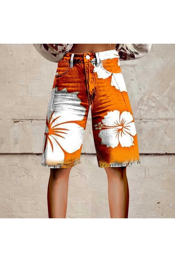 Flare Denim Shorts for Women Wide Leg Denim Shorts Woman Vintage Floral Print High Waisted Straight Stretch Pants with Pockets, Gold, M