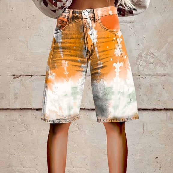 Stephy Flare Denim Shorts for Women Wide Leg Denim Shorts Woman Vintage Floral Print High Waisted Straight Stretch Pants with Pockets, Gold, XL