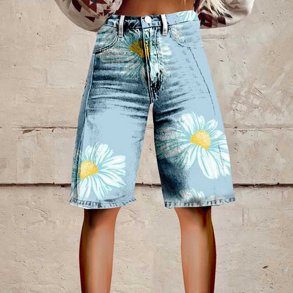 Stephy Flare Denim Shorts for Women Wide Leg Denim Shorts Woman Vintage Floral Print High Waisted Straight Stretch Pants with Pockets, Gold, XXL