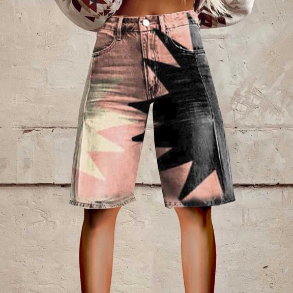 Stephy Flare Denim Shorts for Women Wide Leg Denim Shorts Woman Vintage Floral Print High Waisted Straight Stretch Pants with Pockets, Gray, 4XL