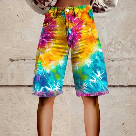 Stephy Flare Denim Shorts for Women Wide Leg Denim Shorts Woman Vintage Floral Print High Waisted Straight Stretch Pants with Pockets, Gray, 4XL