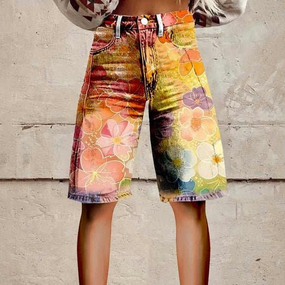 Stephy Flare Denim Shorts for Women Wide Leg Denim Shorts Woman Vintage Floral Print High Waisted Straight Stretch Pants with Pockets, Gray, 5XL