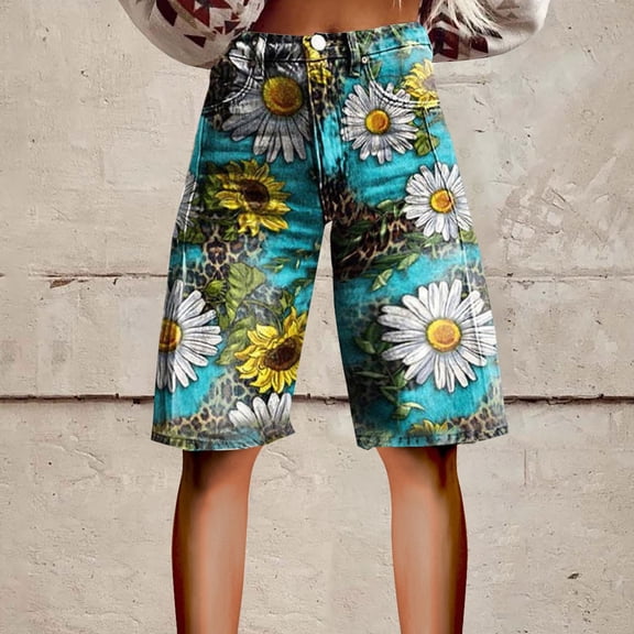 Stephy Flare Denim Shorts for Women Wide Leg Denim Shorts Woman Vintage Floral Print High Waisted Straight Stretch Pants with Pockets, Gray, 5XL