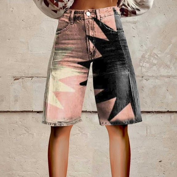 Stephy Flare Denim Shorts for Women Wide Leg Denim Shorts Woman Vintage Floral Print High Waisted Straight Stretch Pants with Pockets, Gray, L