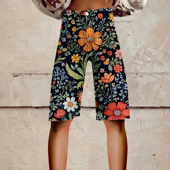 Stephy Flare Denim Shorts for Women Wide Leg Denim Shorts Woman Vintage Floral Print High Waisted Straight Stretch Pants with Pockets, Gray, L