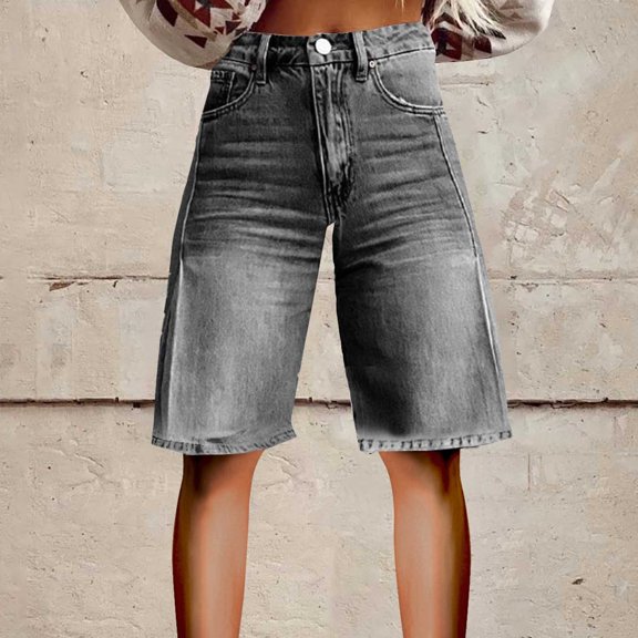 Stephy Flare Denim Shorts for Women Wide Leg Denim Shorts Woman Vintage Floral Print High Waisted Straight Stretch Pants with Pockets, Gray, XL