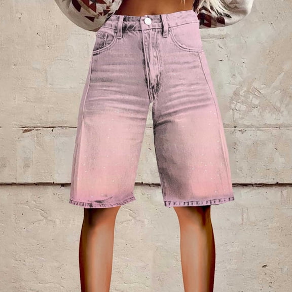 Stephy Flare Denim Shorts for Women Wide Leg Denim Shorts Woman Vintage Floral Print High Waisted Straight Stretch Pants with Pockets, Pink, 3XL