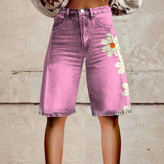 Stephy Flare Denim Shorts for Women Wide Leg Denim Shorts Woman Vintage Floral Print High Waisted Straight Stretch Pants with Pockets, Pink, 5XL