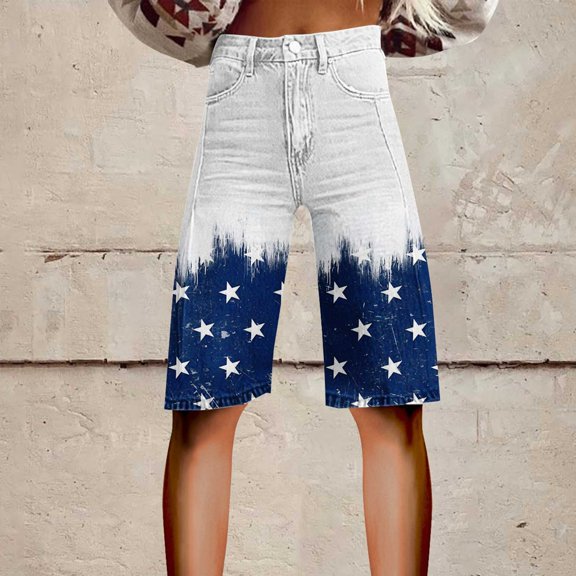 Stephy Flare Denim Shorts for Women Wide Leg Denim Shorts Woman Vintage Floral Print High Waisted Straight Stretch Pants with Pockets, Pink, L