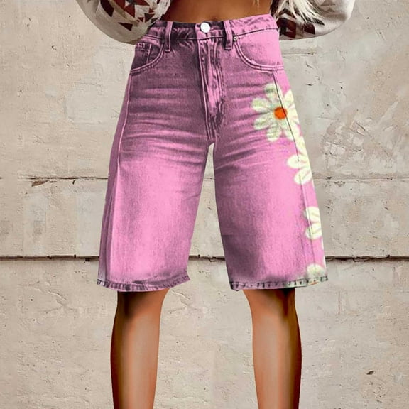 Stephy Flare Denim Shorts for Women Wide Leg Denim Shorts Woman Vintage Floral Print High Waisted Straight Stretch Pants with Pockets, Pink, L