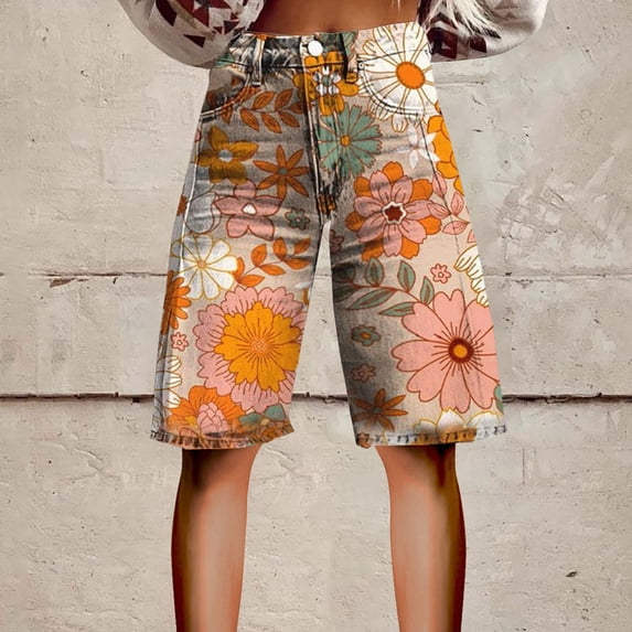 Stephy Flare Denim Shorts for Women Wide Leg Denim Shorts Woman Vintage Floral Print High Waisted Straight Stretch Pants with Pockets, Pink, L