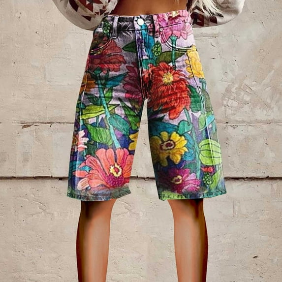 Stephy Flare Denim Shorts for Women Wide Leg Denim Shorts Woman Vintage Floral Print High Waisted Straight Stretch Pants with Pockets, Pink, M