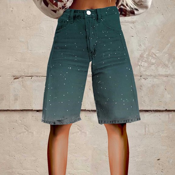 Stephy Flare Denim Shorts for Women Wide Leg Denim Shorts Woman Vintage Floral Print High Waisted Straight Stretch Pants with Pockets, Yellow, 3XL