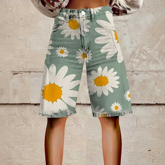 Stephy Flare Denim Shorts for Women Wide Leg Denim Shorts Woman Vintage Floral Print High Waisted Straight Stretch Pants with Pockets, Yellow, 5XL