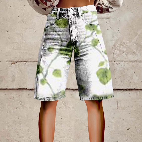 Stephy Flare Denim Shorts for Women Wide Leg Denim Shorts Woman Vintage Floral Print High Waisted Straight Stretch Pants with Pockets, Yellow, M