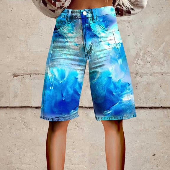 Stephy Flare Denim Shorts for Women Wide Leg Denim Shorts Woman Vintage Floral Print High Waisted Straight Stretch Pants with Pockets, Yellow, XL