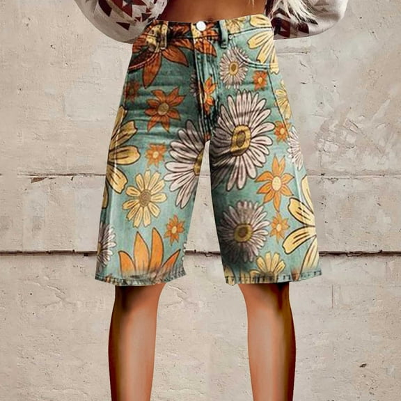 Stephy Flare Denim Shorts for Women Wide Leg Denim Shorts Woman Vintage Floral Print High Waisted Straight Stretch Pants with Pockets, Yellow, XXL