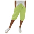 thumbnail image 1 of Stephy Linen Shorts for Women 2024 Trendy Knee Length Shorts Drawstring Elastic Waist Summer Casual Gym Shorts with Pockets, Green, S, 1 of 8