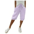 thumbnail image 1 of Stephy Linen Shorts for Women 2024 Trendy Knee Length Shorts Drawstring Elastic Waist Summer Casual Gym Shorts with Pockets, Purple, XL, 1 of 7