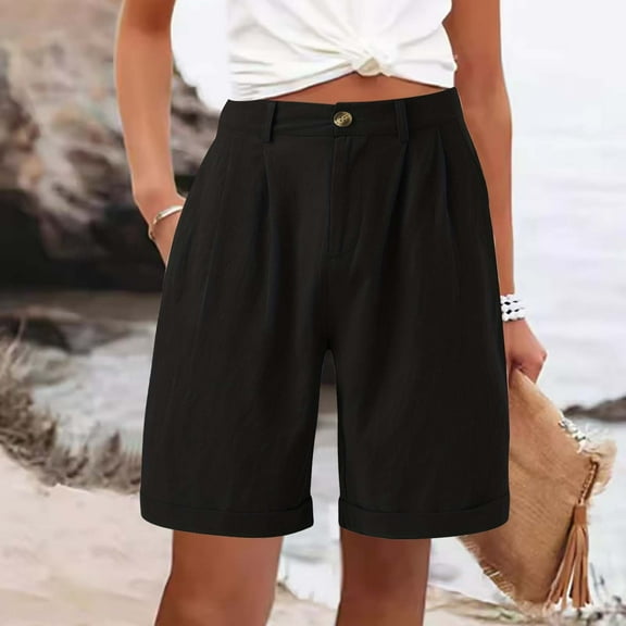 Stephy Linen Shorts for Women Summer High Waisted Button Fly Shorts Baggy Business Casual Work Shorts with Pockets Features:, Black, 3XL